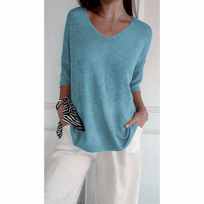 💖SISTA DAGEN AV REAN 50 % RABATT🥰Enfärgad stickad topp med V-ringning