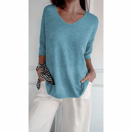 💖SISTA DAGEN AV REAN 50 % RABATT🥰Enfärgad stickad topp med V-ringning